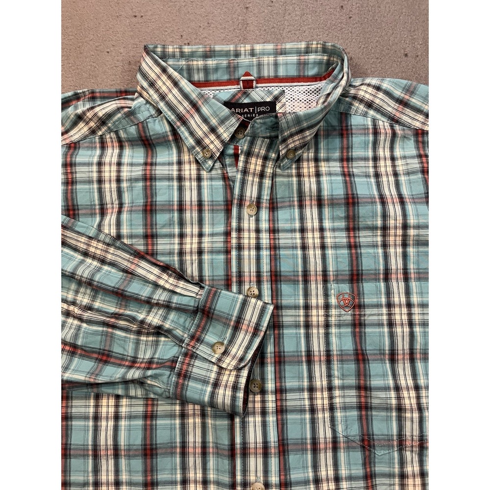 Ariat Mens XXL Pro Series Cotton LS Button Down Shirt Blue Plaid Western Logo